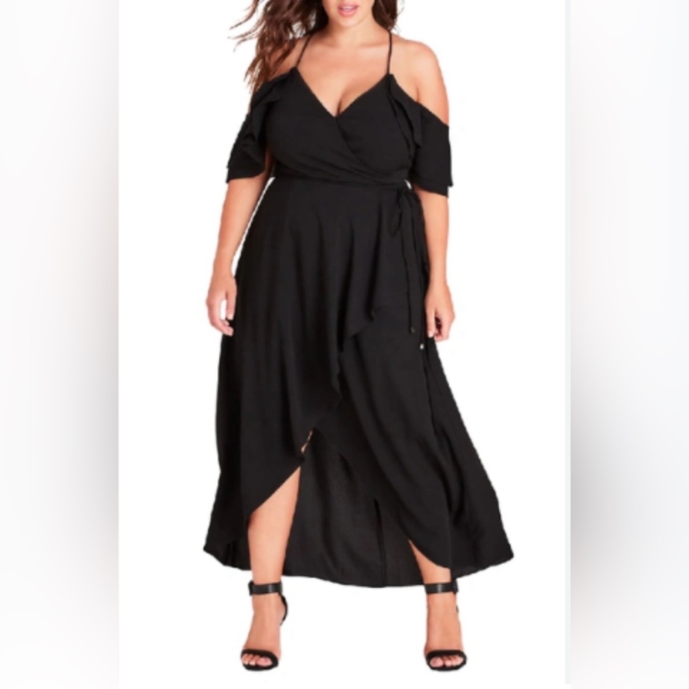 City Chic Black Wrap Maxi Dress with Front Slit